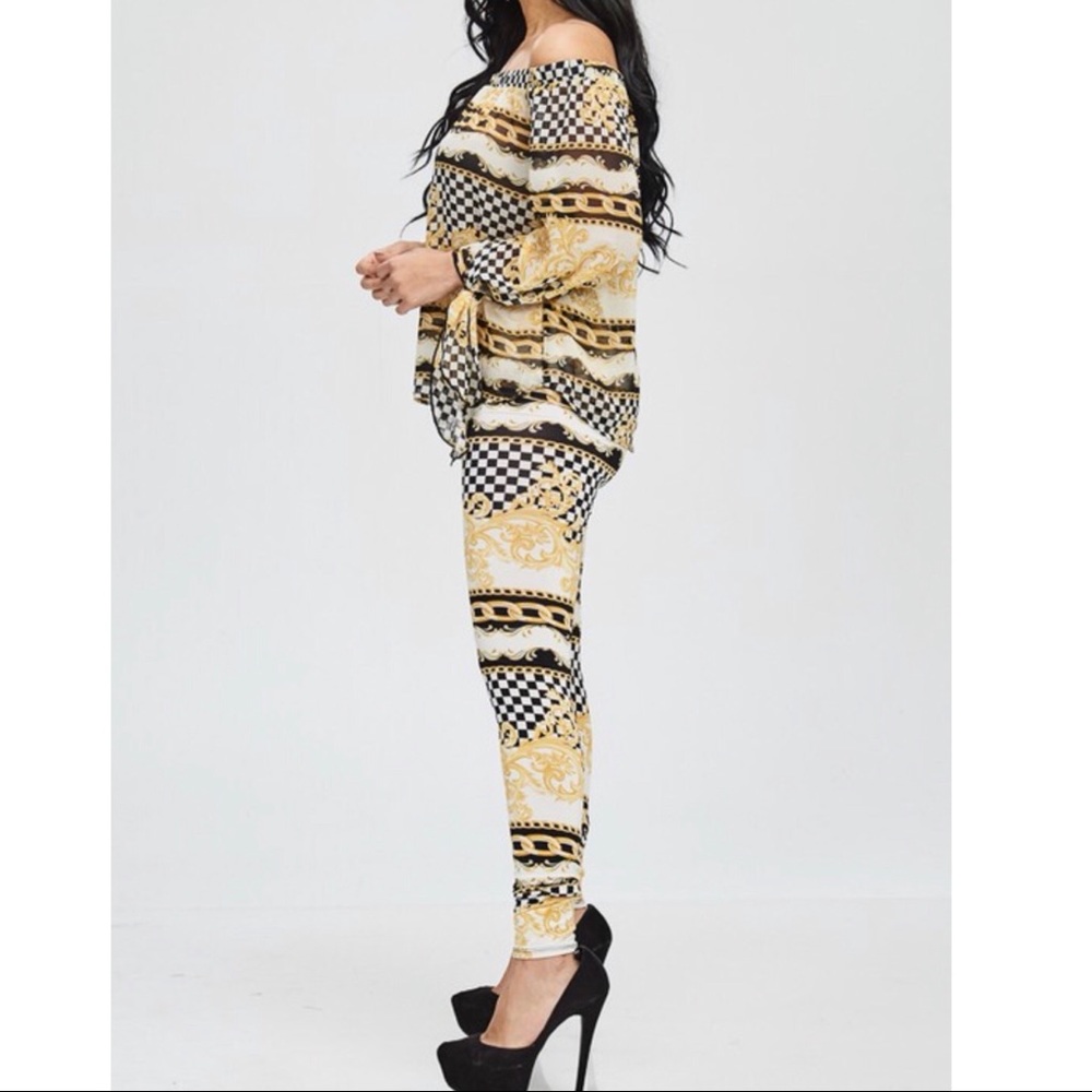 🆕 2PC Stretch Pants & Sheer Off The Shoulder Top - Picture 2 of 8